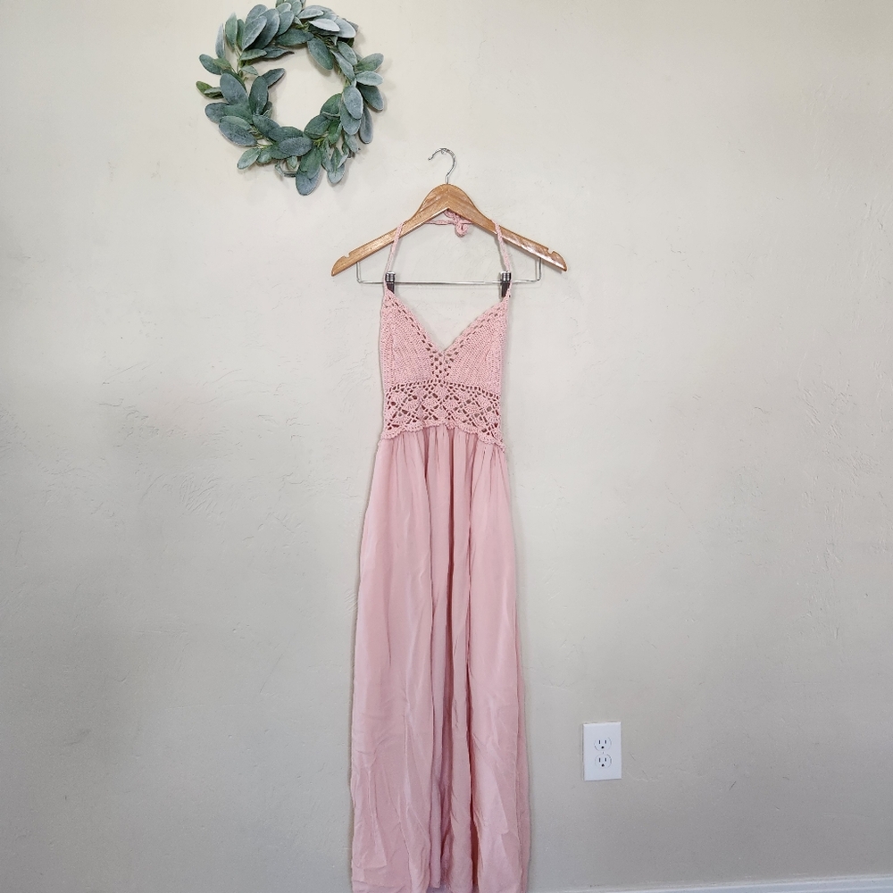 Lilbetter Pink Halter Crochet Maxi Dress